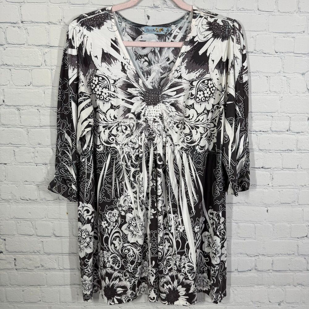 Y2K Babydoll Tunic Women Embellished Women 1X Boho Chic Flowy Knit Beaded Blouse